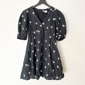 Tuckernuck Serena Mini Dress Black Embroidered Floral Linen‎ Blend Size XS